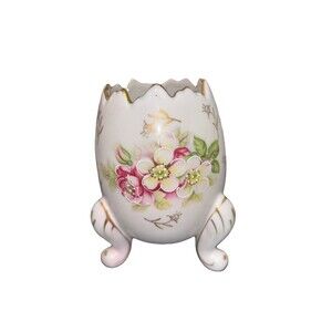 Vintage Inarco 1962 Porcelain Small Cracked Egg Footed Pink & Gold Floral Vase